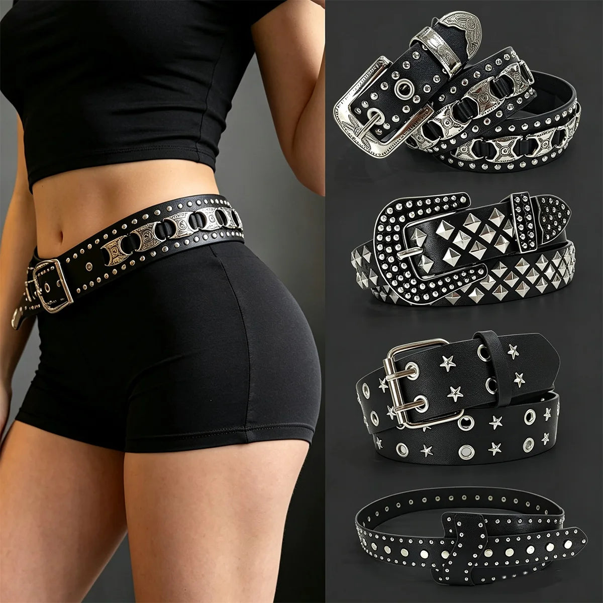 New Fashion Men's European And American Punk Belt Women's Rivet Wide Waist Cross Border Jeans Belt Unisex Gothic Accessories