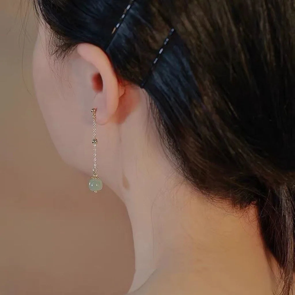 Ventfille 925 Sterling Silver Bead Hotan Jade Earring for Women Girl Gift Tassels Vintage Ethnic Jewelry Dropshipping