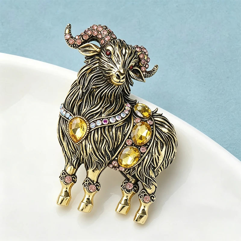 PENDRA Noble Goat Crystal Animal Brooch