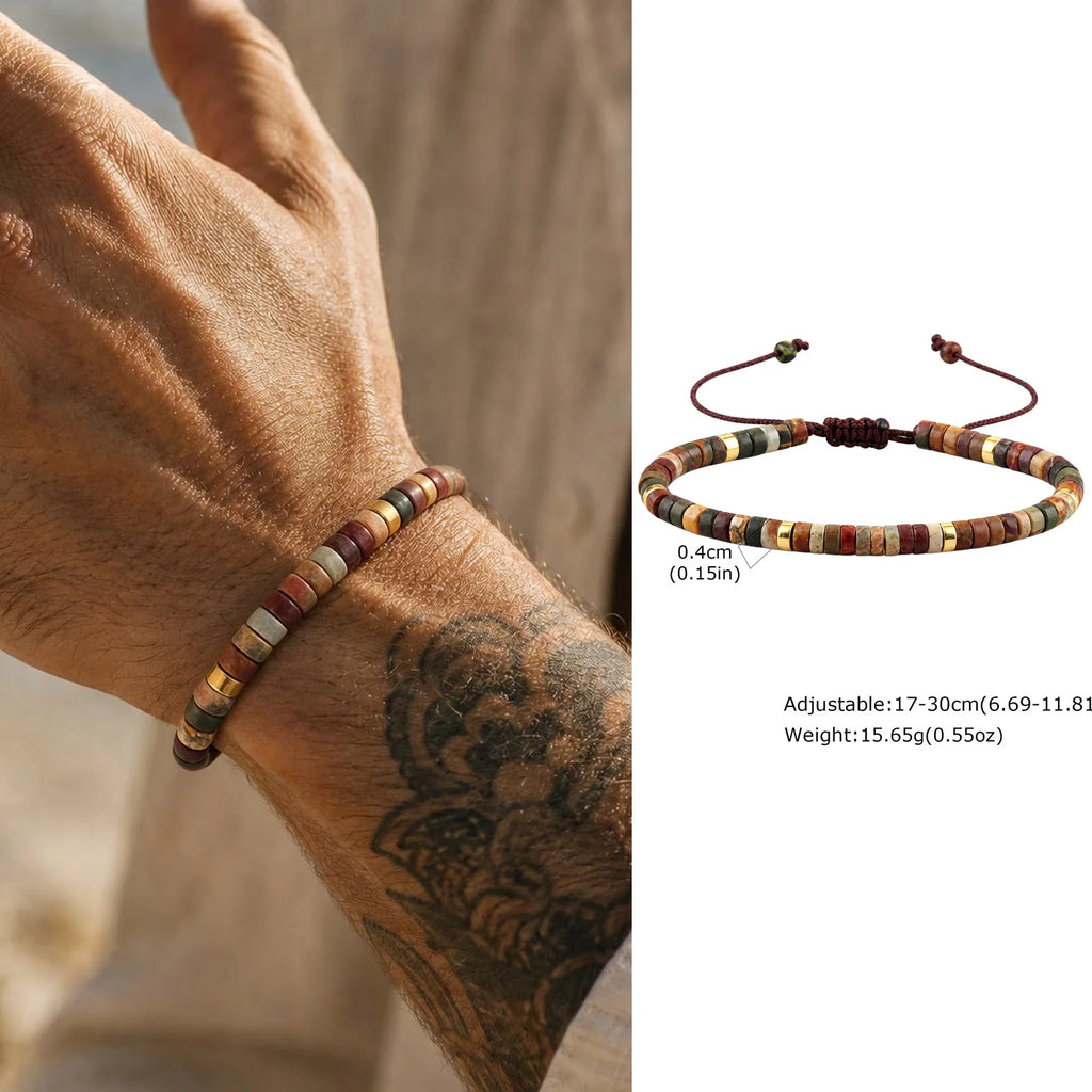 Bohemian Natural Stone Beads Bracelet for Men,Handmade Turquoise Adjustable Rope Wristband,Summer Trendy Jewelry Gift