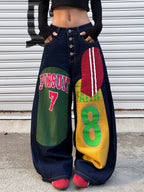 American Retro Alphanumeric Cartoon Printed Button-Down Design Cocoon Jeans, Y2K Street Hip-Hop Fashion Versatile Wide-Leg Pants For Women