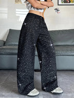 Women's American Retro Washed Niche Design Hot Diamond Black High-Waisted Jeans, Casual, Loose And Versatile Wide-Leg Pants, Trendy Straight Trousers