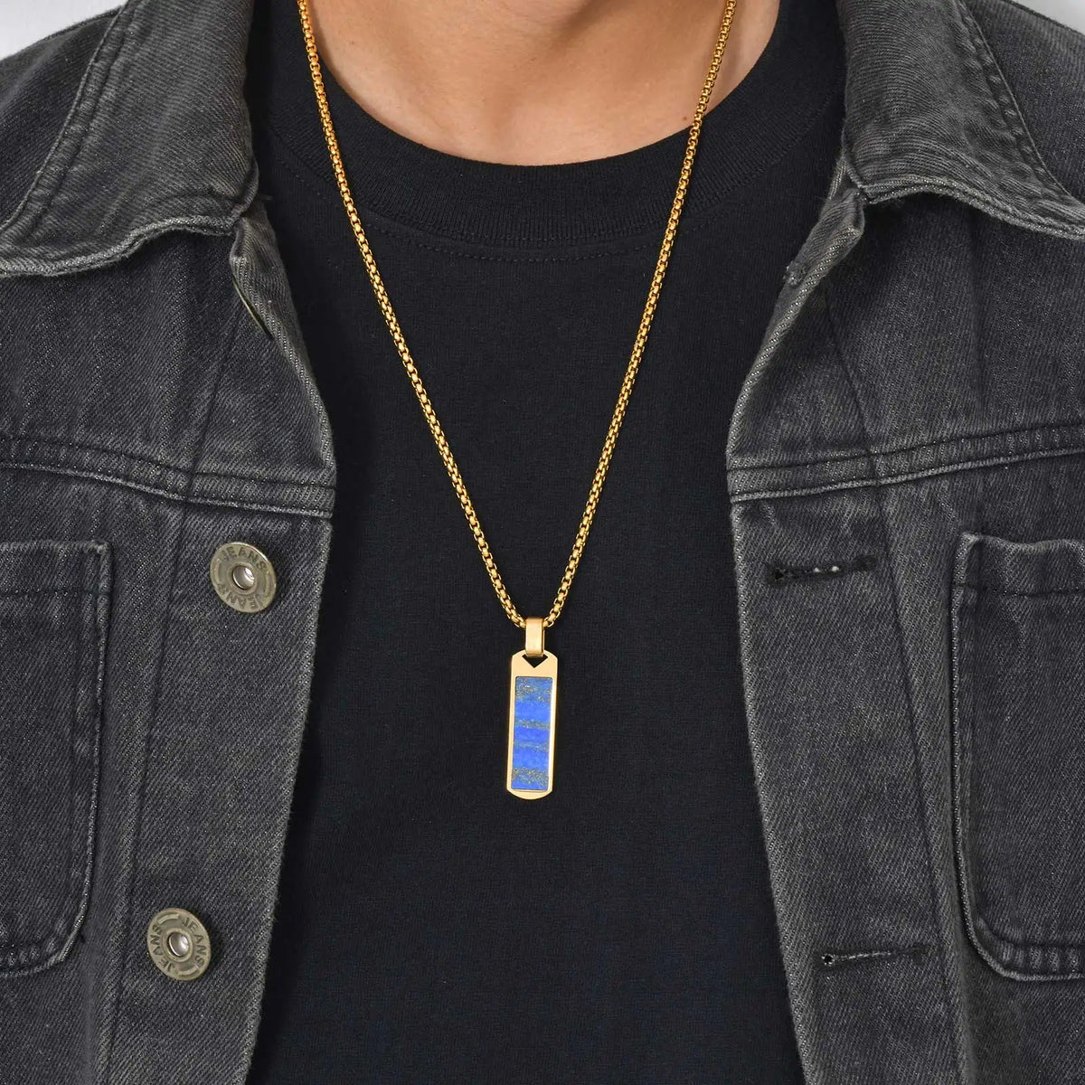 Lapis Lazuli Rectangular Pendant Necklace for Men,Stainless Steel Blue Natural Stone Pendant,Dainty Male  Jewelry Gift