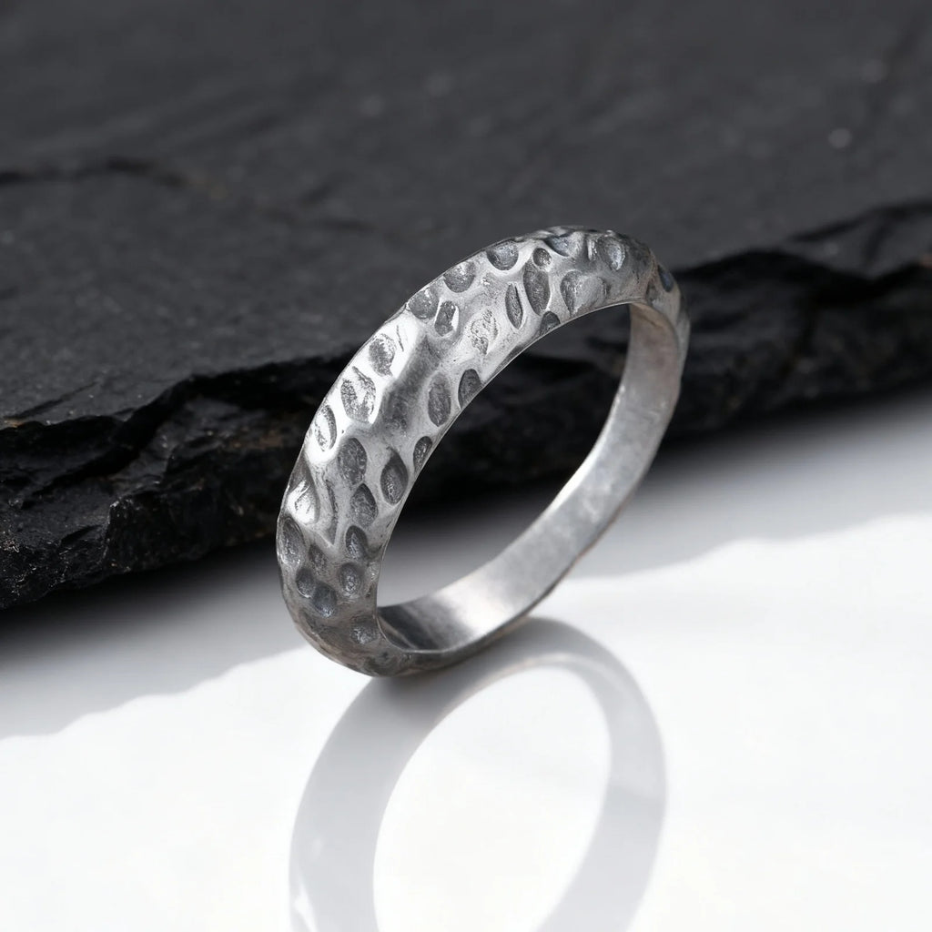 Vintage Handmade Casting Ring for Men Boys,Stainless Steel Irregular Concave Ring,Punk Niche Retro Grey Bend Ring