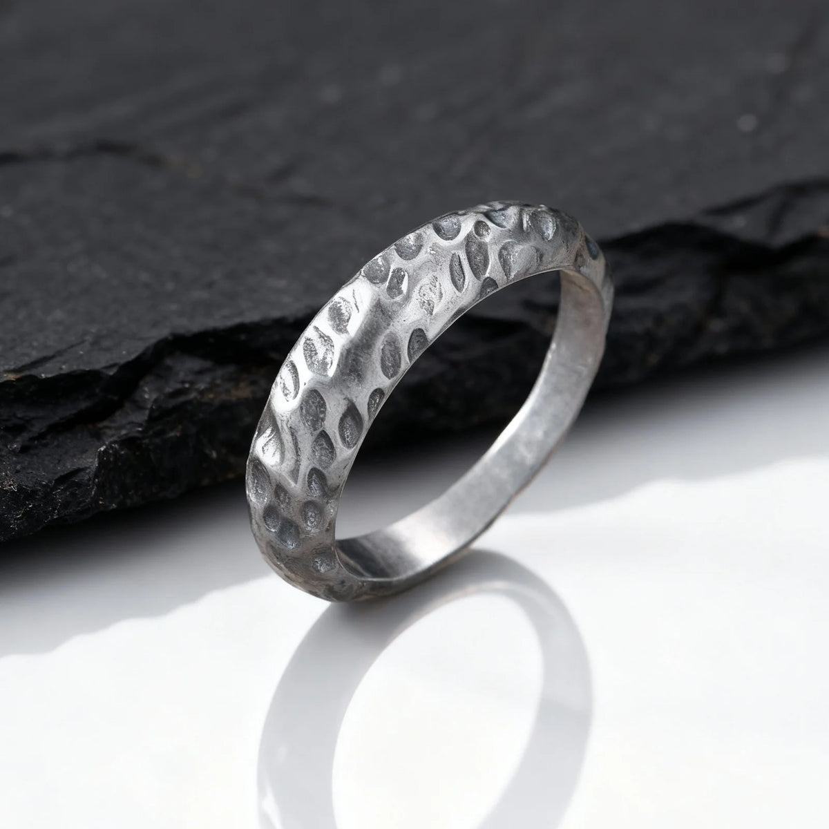 Vintage Handmade Casting Ring for Men Boys,Stainless Steel Irregular Concave Ring,Punk Niche Retro Grey Bend Ring
