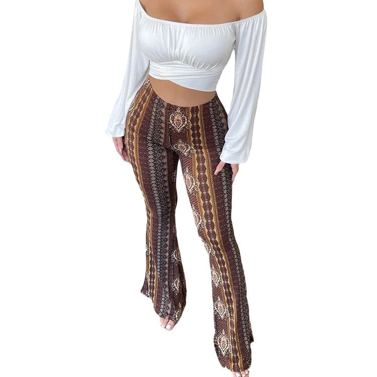 Vintage Boho Spring Floral Print Casual Pants Fashion new high elasticity tight fitting micro flared Yoga Joggers pants