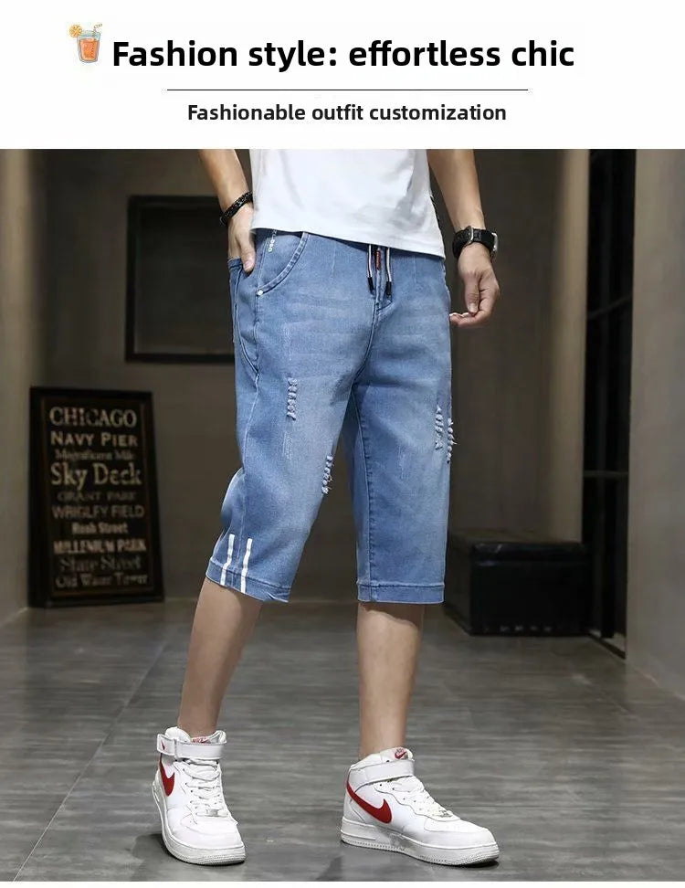 Clothes Y2k Man 2000s Summer Thin Stripe Men's Loose Casual Shorts Korean Denim Luxury  Elastic Waist Knee Pants Black Jeans Man