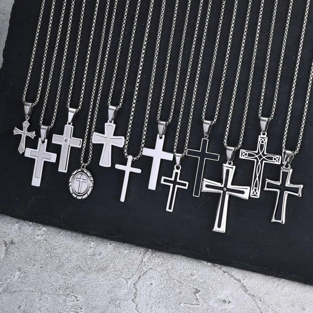 Stylish Men's Cross Necklace,Stainless Steel Silver Color Cross Pendant Necklace,Christian Religious Faith Easter Jewelry Gift