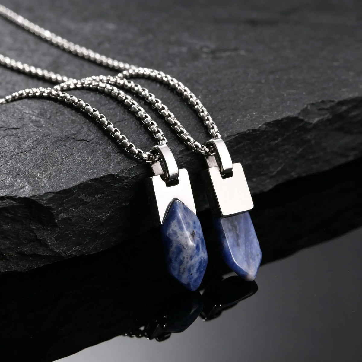 Healing Natural Stone Necklace for Men,Lapis Lazuli Stainless Steel Geometric Pendant Necklace,Stylish Jewlery Gift