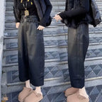 Autumn and Winter New Nine Cropped Leather Pants Women High Waist Slimming Double Waist Belt with Velvet Wide Leg Pants