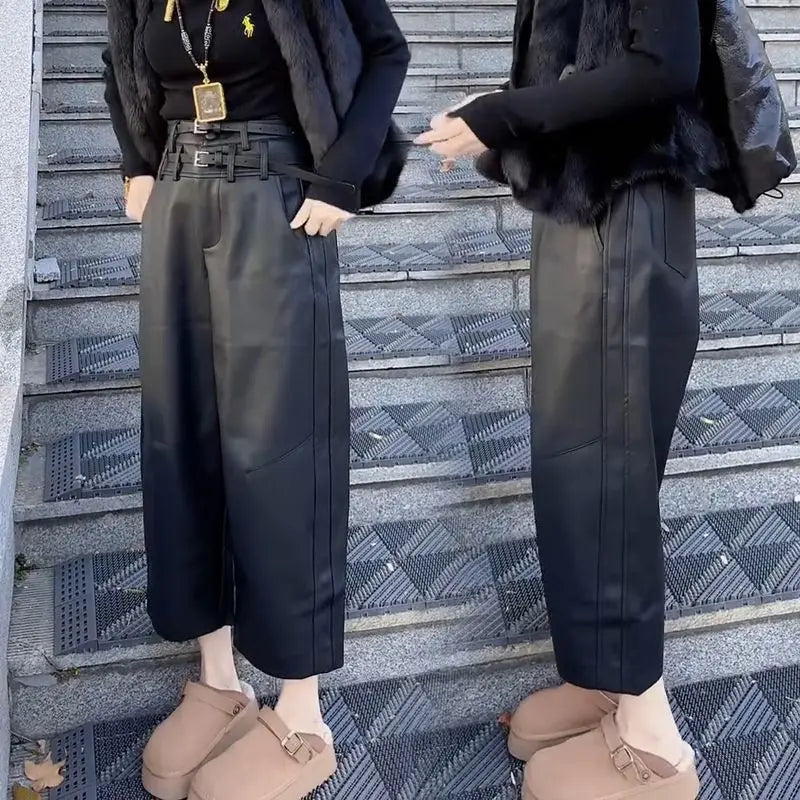 Autumn and Winter New Nine Cropped Leather Pants Women High Waist Slimming Double Waist Belt with Velvet Wide Leg Pants