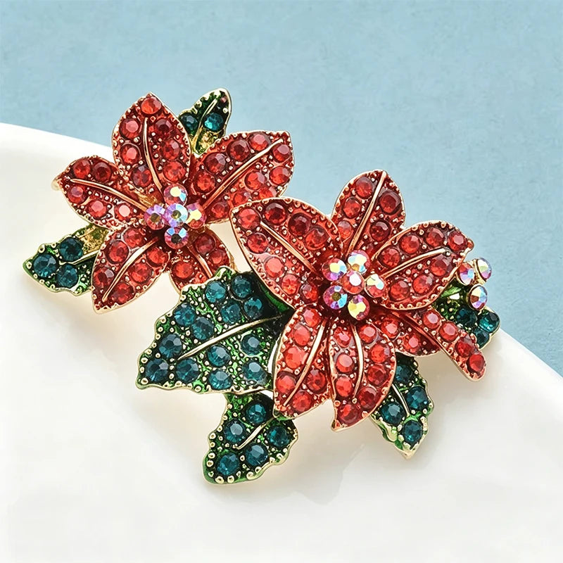 PENDRA Scarlet Red Rhinestone Alloy Flower Brooch