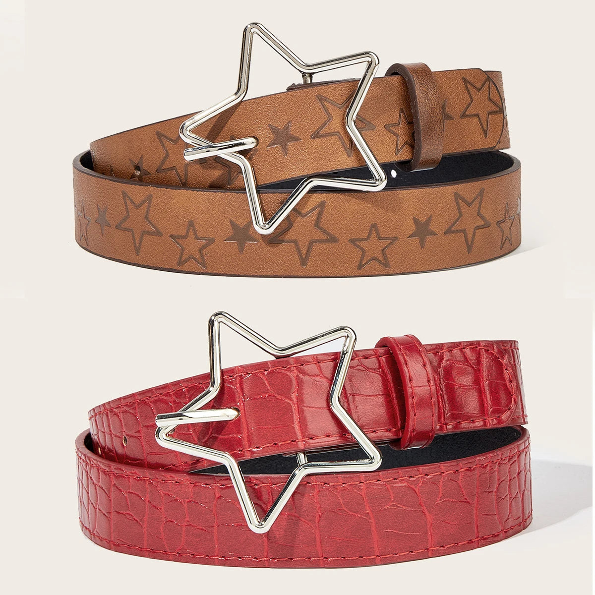Hip-hop Retro Ladies Belt Gothic Punk Five-pointed Star Buckle Pu Leather Girdle Rock Y2k Popular Red Gothic Jeans Waistband