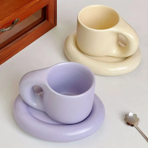PENDRA Chubby Big-Handle Ceramic Coffee Mug and Saucer Set