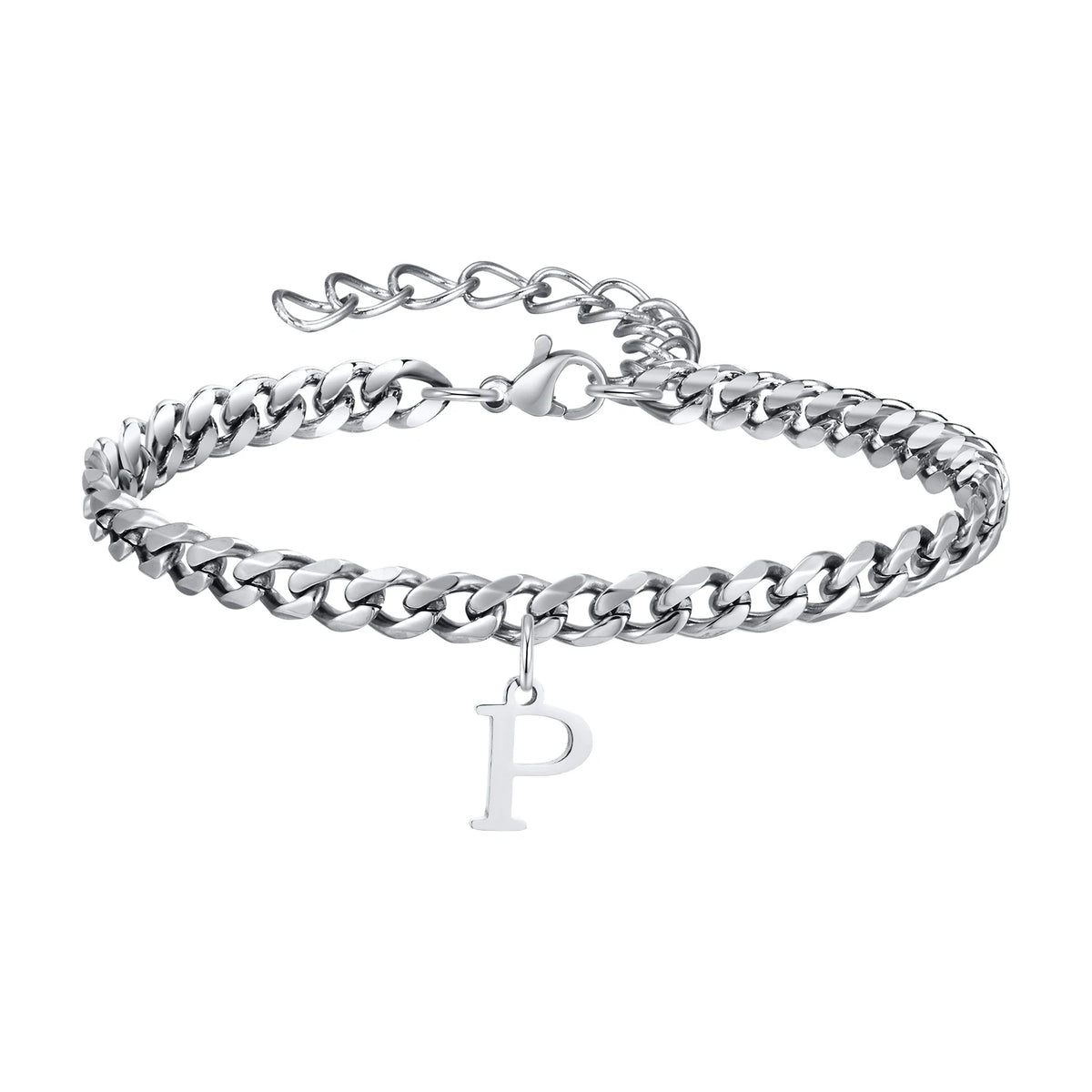 Mens Initials Cuban Links Bracelets,Stainless Steel A-Z 26 Letters Alphabet Charm Chain Wristband Adjustable,Casual Jewelry Gift