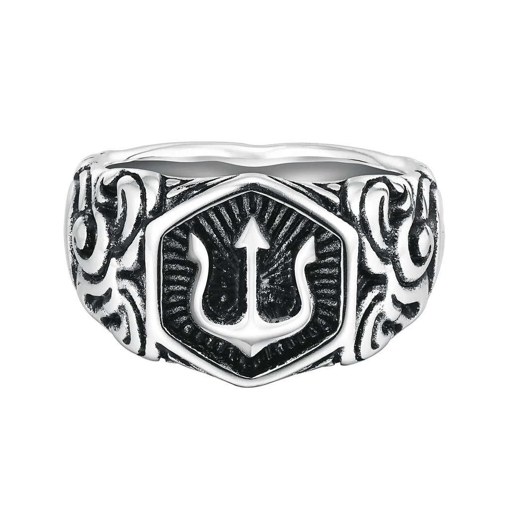 Mprainbow Mens Tridant Signet Ring, Waterproof Stainless Steel Geometric Top Stamp Finger Band, Rock Punk Gifts for Him Jewelry
