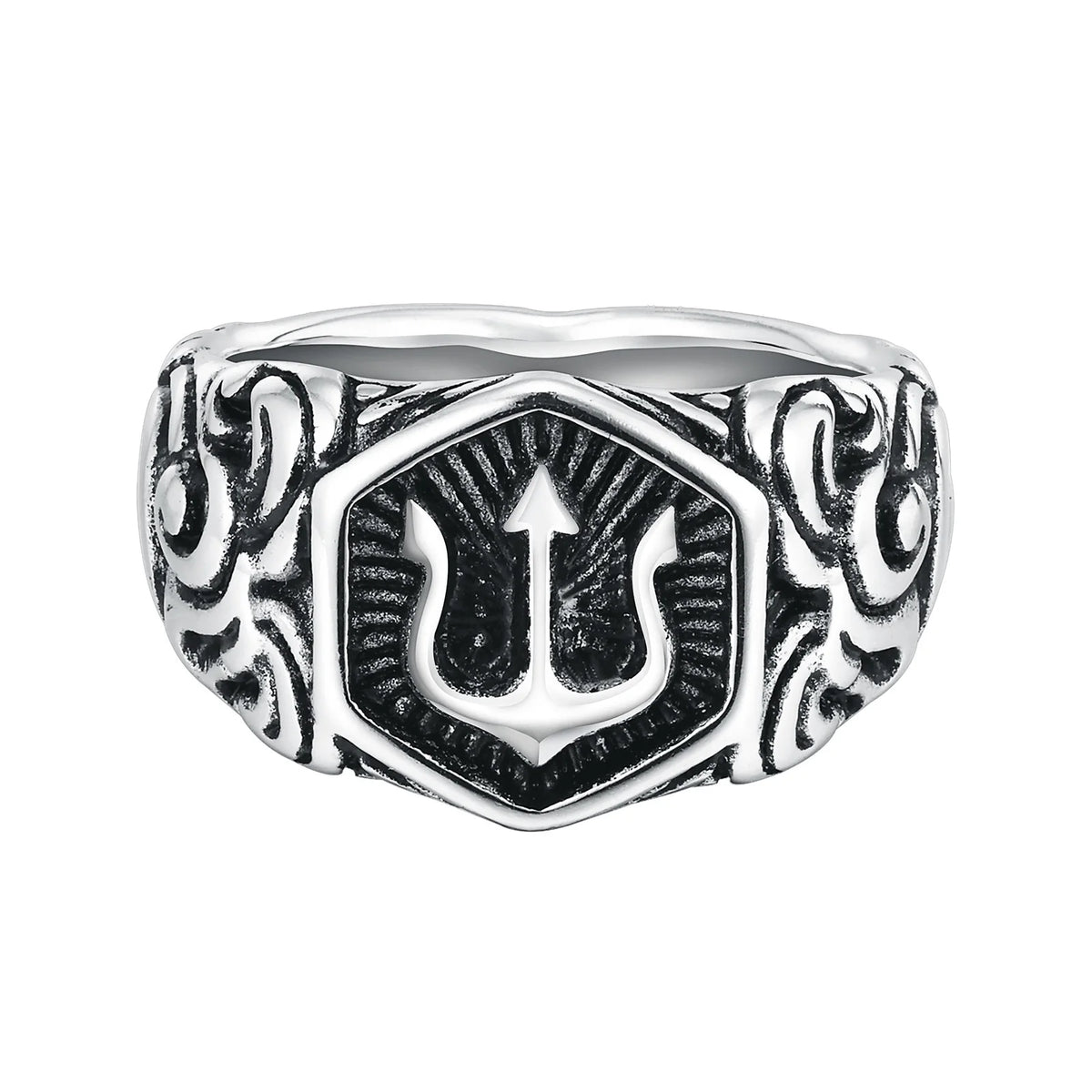 Mprainbow Mens Tridant Signet Ring, Waterproof Stainless Steel Geometric Top Stamp Finger Band, Rock Punk Gifts for Him Jewelry