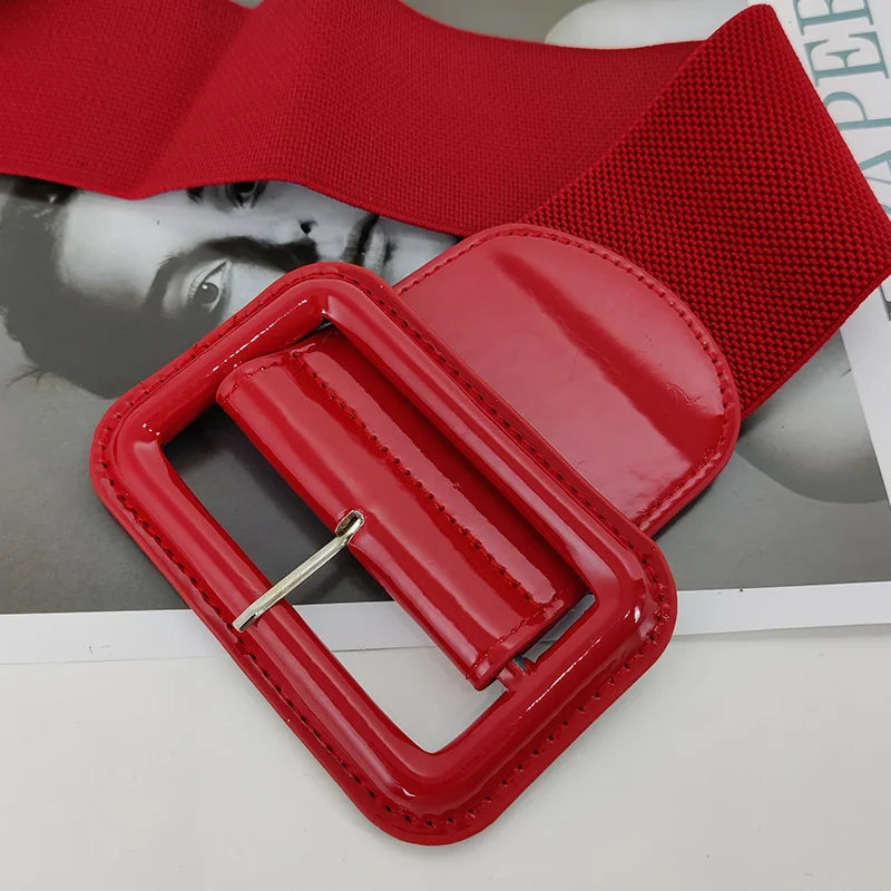 Vintage Plus Size Stretch Cummerbunds Elastic Wide Side Corset Belt Leather Square Buckle Dress Waistband For Women