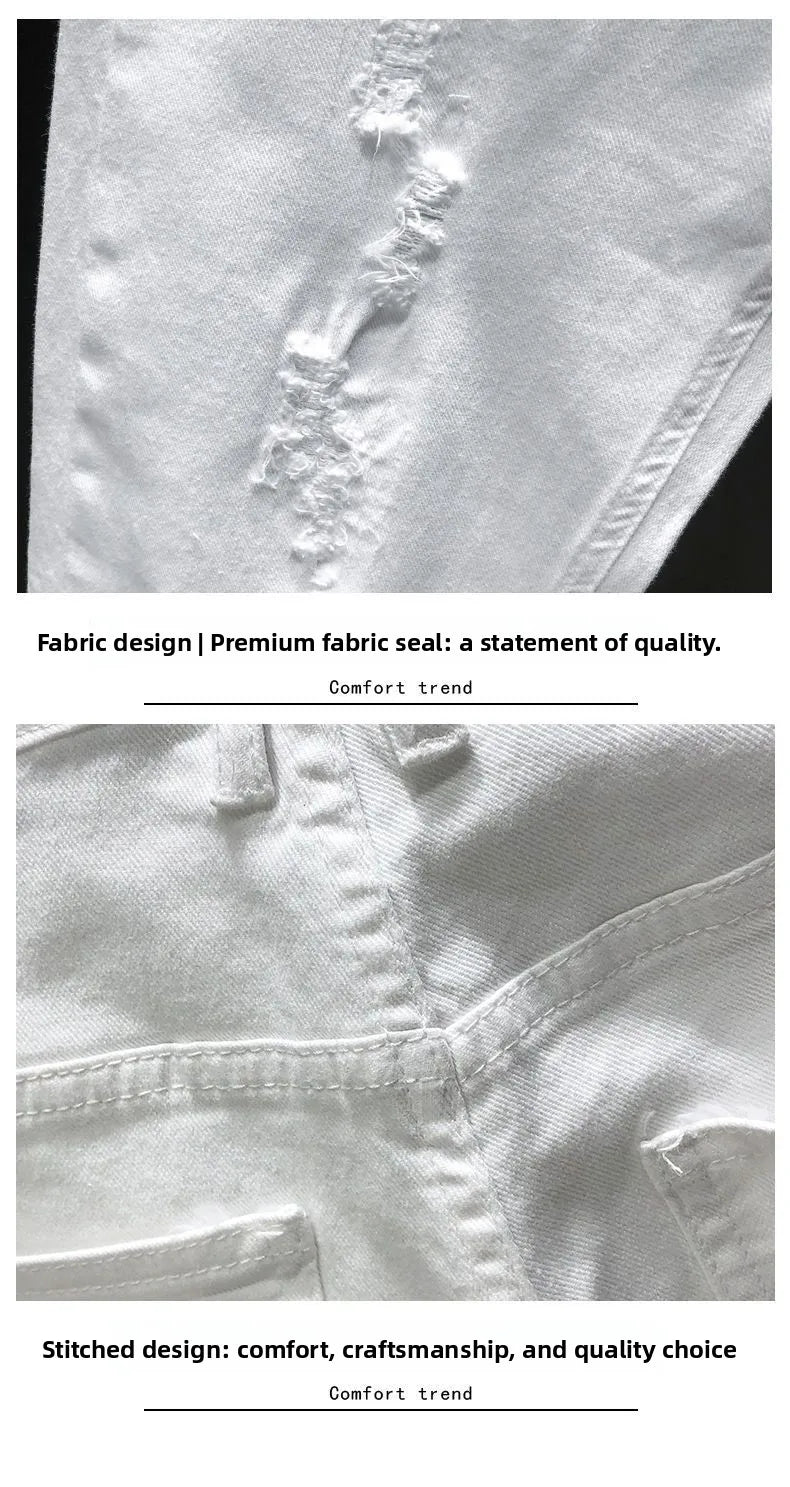 Spring New Ripped Jeans Men's Slim-fitting Elastic Simple Solid Casual Trousers Trendy Men's Trousers White Denim Jeans Hombre