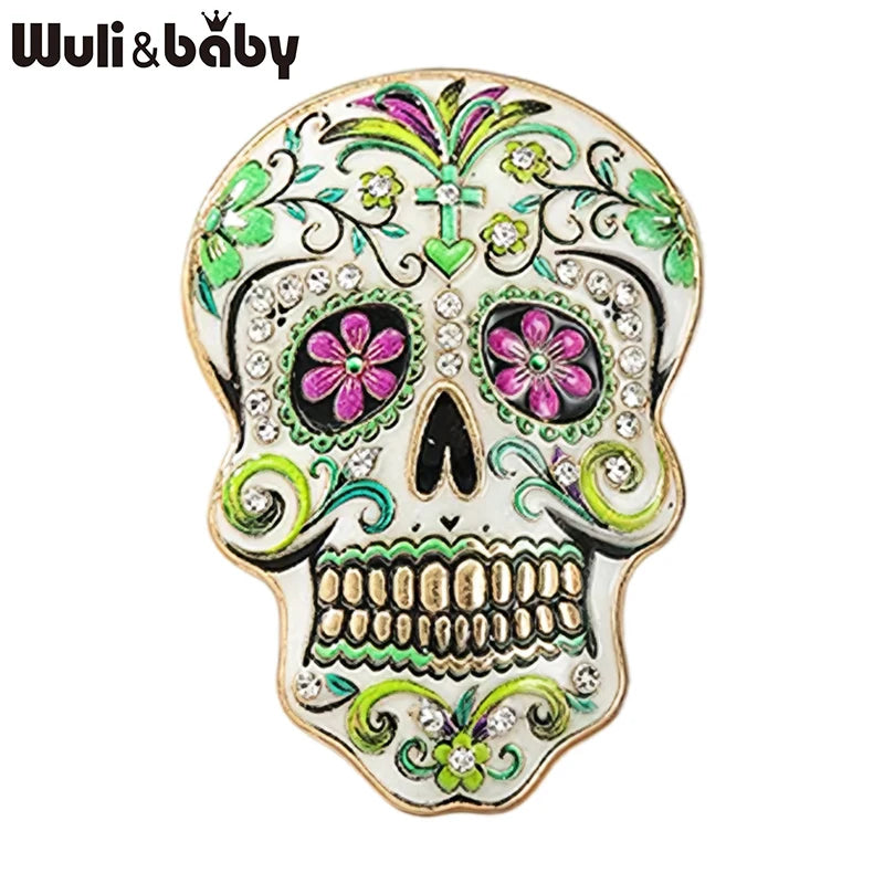 Wuli&baby Candy Skull Brooches For Women Unisex 4-color Enamel Floral Pattern Skeleton Party Casual Brooch Pin Gifts