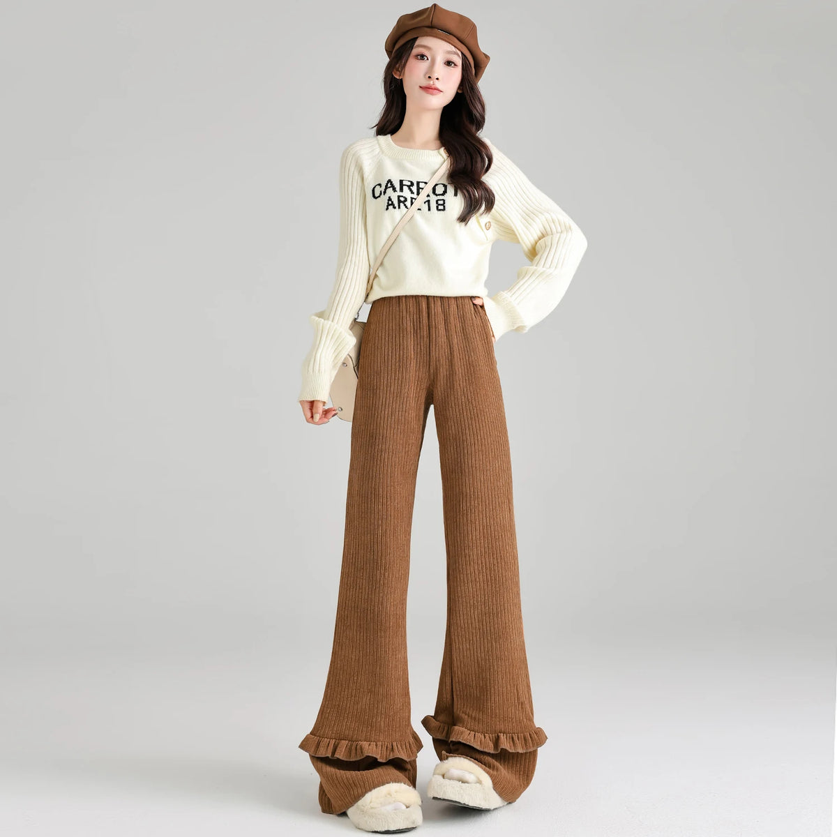 Solid corduroy micro flared pants women's winter wide leg casual high waisted narrow version straight leg sweatpants