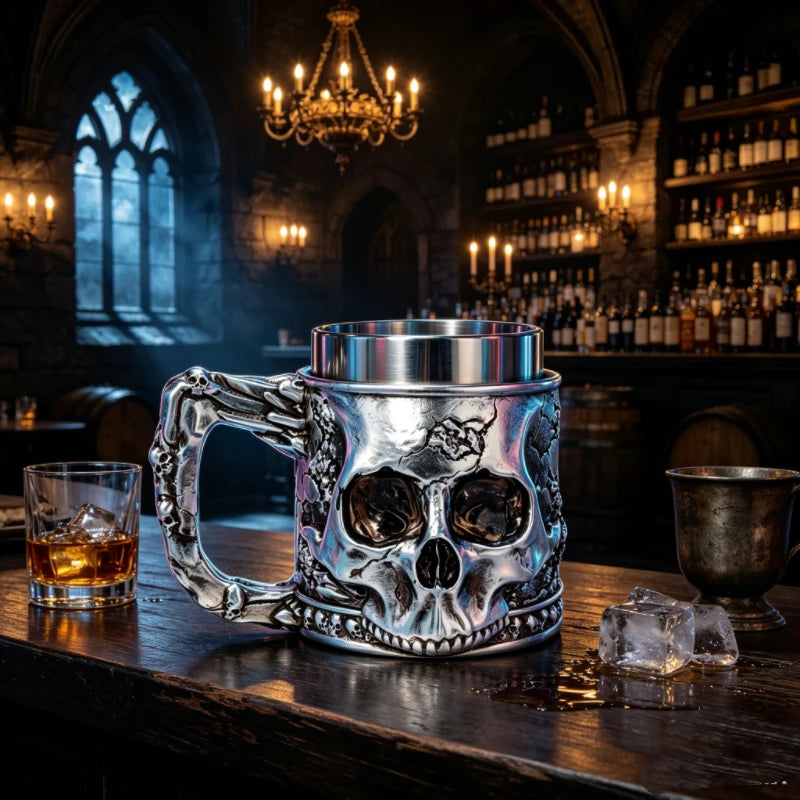 Halloween Spooky Skull Stein Mug 3D Relief Skeleton Pattern Stainless Steel Inner Tank Gothic Pub Bar Whiskey Wine Drink Cup