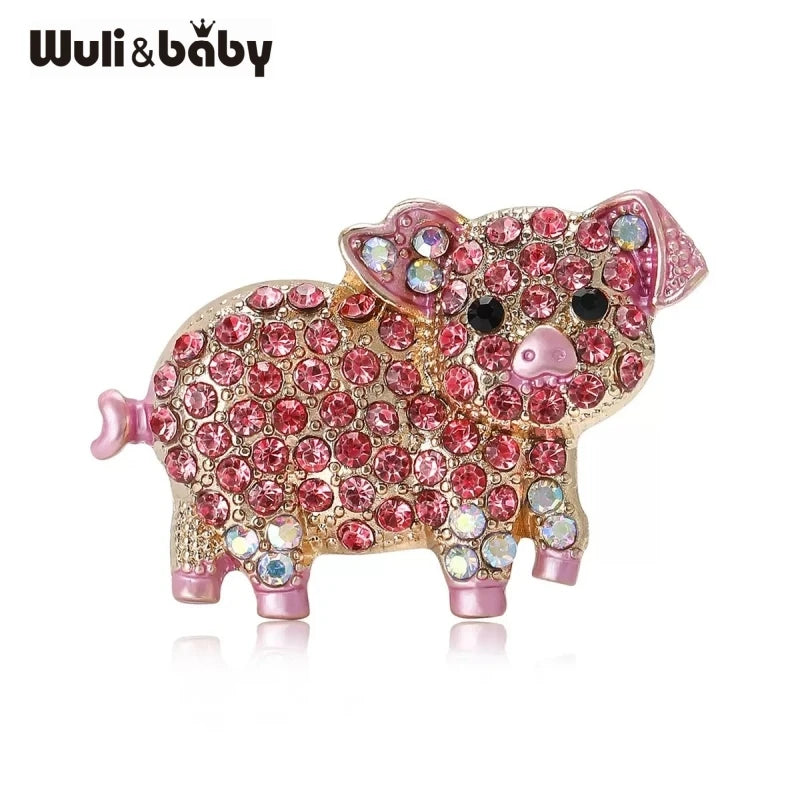 Wuli&baby Lovely Cartoon Pig Brooches For Women Lady Metal Pink Rhinestone Animal Party Casual Brooch Pins Badge Gifts