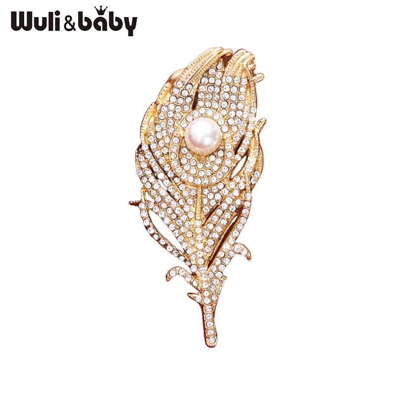 PENDRA Peacock Rhinestone Feather Brooch