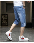 Clothes Y2k Man 2000s Summer Thin Stripe Men's Loose Casual Shorts Korean Denim Luxury  Elastic Waist Knee Pants Black Jeans Man