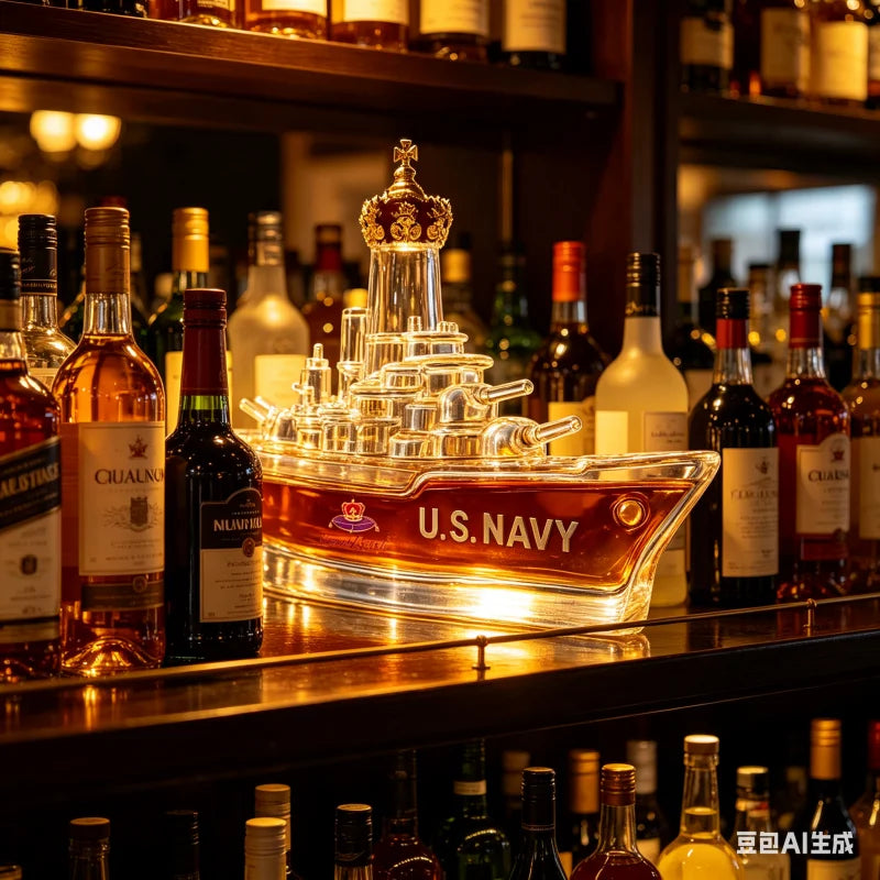 Novelty Warship Design Whiskey Decanter Crown Cap Clear Glass Liquor Bottle for Whiskey Bourbon Bar Display Decor Ornament