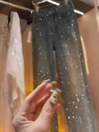 Diamond Jeans for Women Shiny High Waist Loose Wide Leg Denim Pants Blue Rhinestone Mopping Pants Streetwear Fashion Trousers