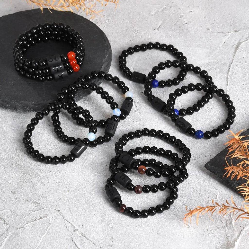Men's Zodiac Bracelet,Red Agate Black Beaded Bracelets,Casual Birthday Gifts to BBF Son