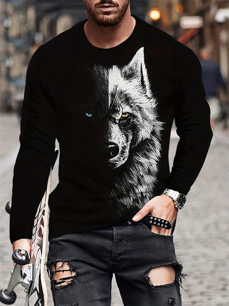 Spring And Autumn Men's Daily Casual Top Street Fashion Men's Long Sleeve T-shirt 3D Wolf Print Men's Long Sleeve T-shirt