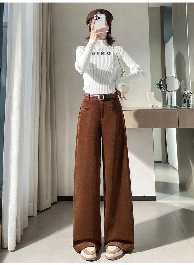 Corduroy suit wide leg pants women in autumn and winter high waist lazy style thick velvet warmth and versatile pants