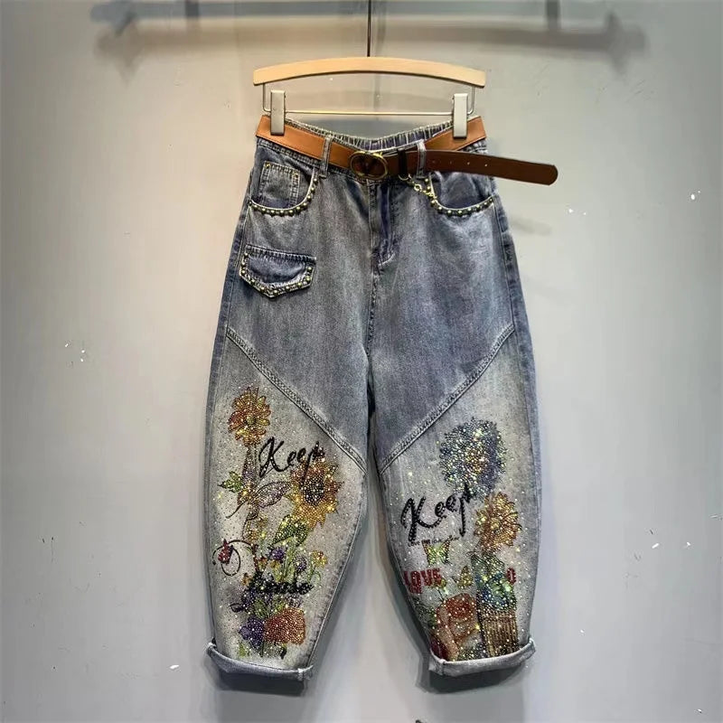 High Waisted Jeans 2023 Spring and Summer New Heavy Embroidery Hot Diamond Printed Loose Washed-out Elastic Waist Jeans Women