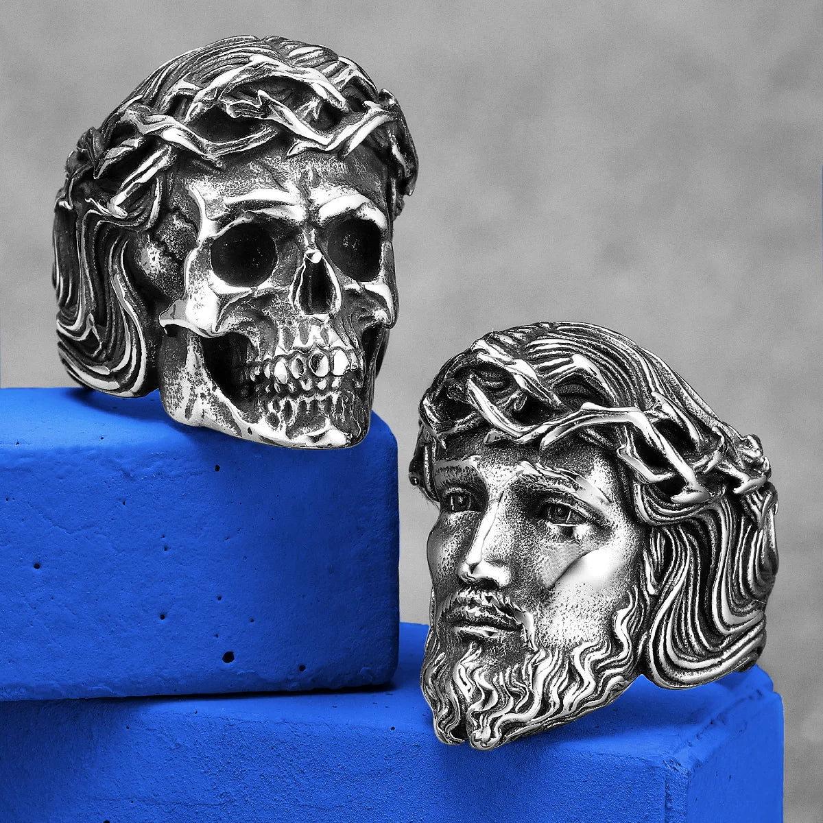 Religion Jesus Skull Stainless Steel Womens Mens Rings Punk Vintage Amulet for Boyfriend Biker Jewelry Creativity Gift Wholesale