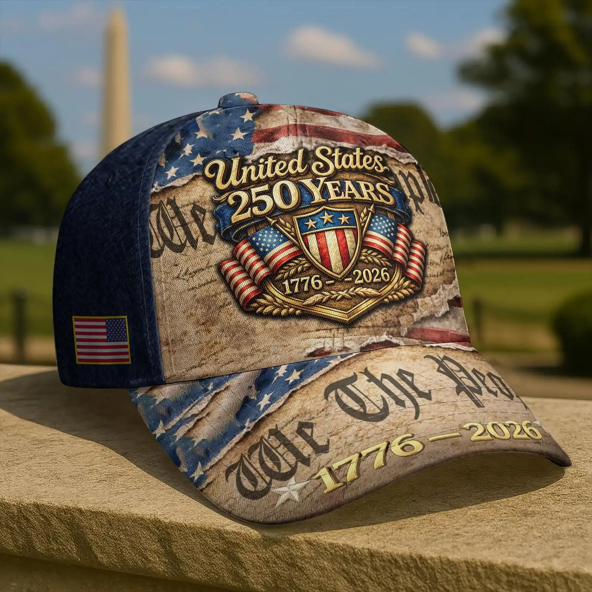 250 Year American Anniversary Baseball Cap, Vintage US Flag & Constitution Design, Independence Anniversary Adjustable Hat