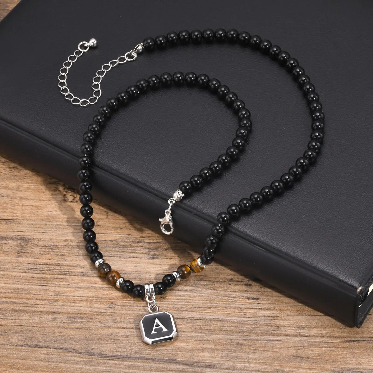 Initials Beaded Necklaces for Men Boys,Tiger Eye Alphabet A-Z 26 Letters Pendant Necklace,Stylish Jewelry Gift
