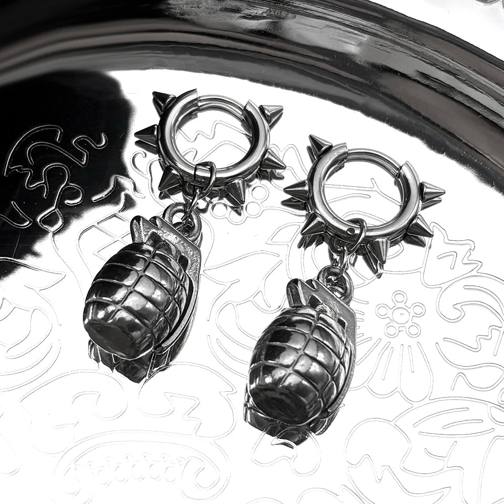 Funny Grenade Rivet Earrings For Men Women  Stainless Steel Silver Color Hiphop Rock Party Male Punk Hoop Ear Ring Jewelry Gift