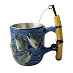 Funny Fishing Rod Handle Coffee Mug 3D Fishing Embossed Stainless Steel Cup for Men Collect Decor Family Ornament Collection