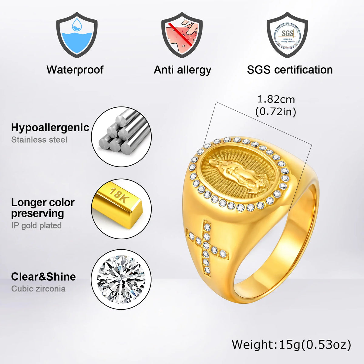 Virgin Mary Stamp Ring for Men,Gold Color Stainless Steel Cross Zircon Ring,Chunky Thumb Ring Gift