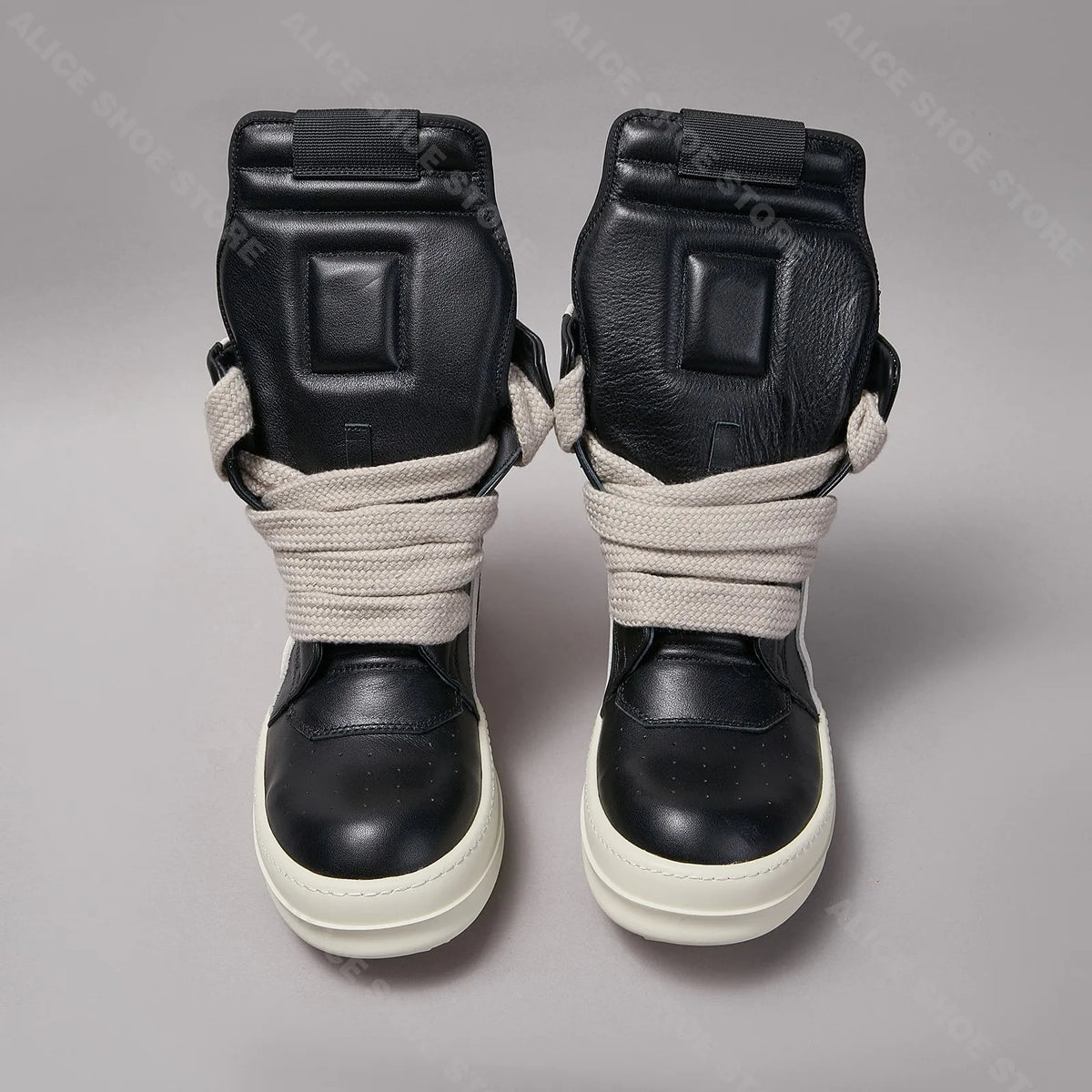 PENDRA Black Geobasket Black Leather High-Top Zip Jumbo-Lace Ankle Boots