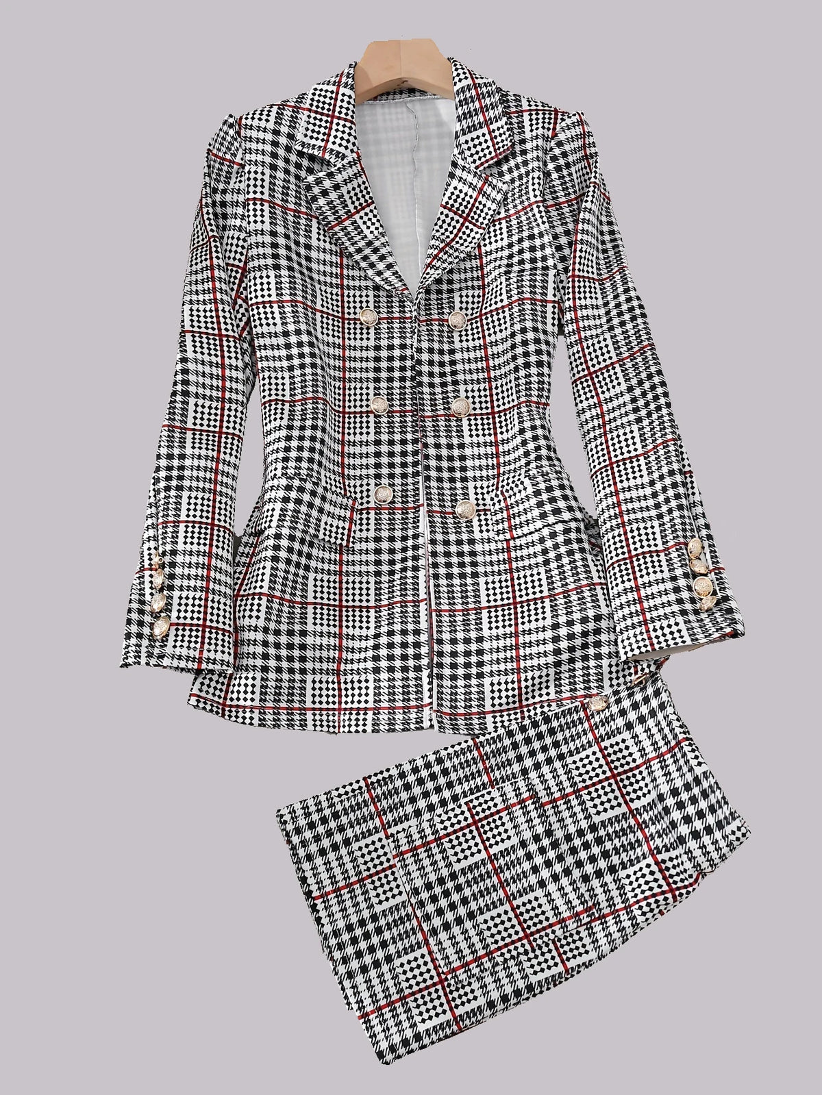 Elegant two-piece set, fashionable double breasted lapel suit jacket and high waisted floral print mini skirt, new women's set