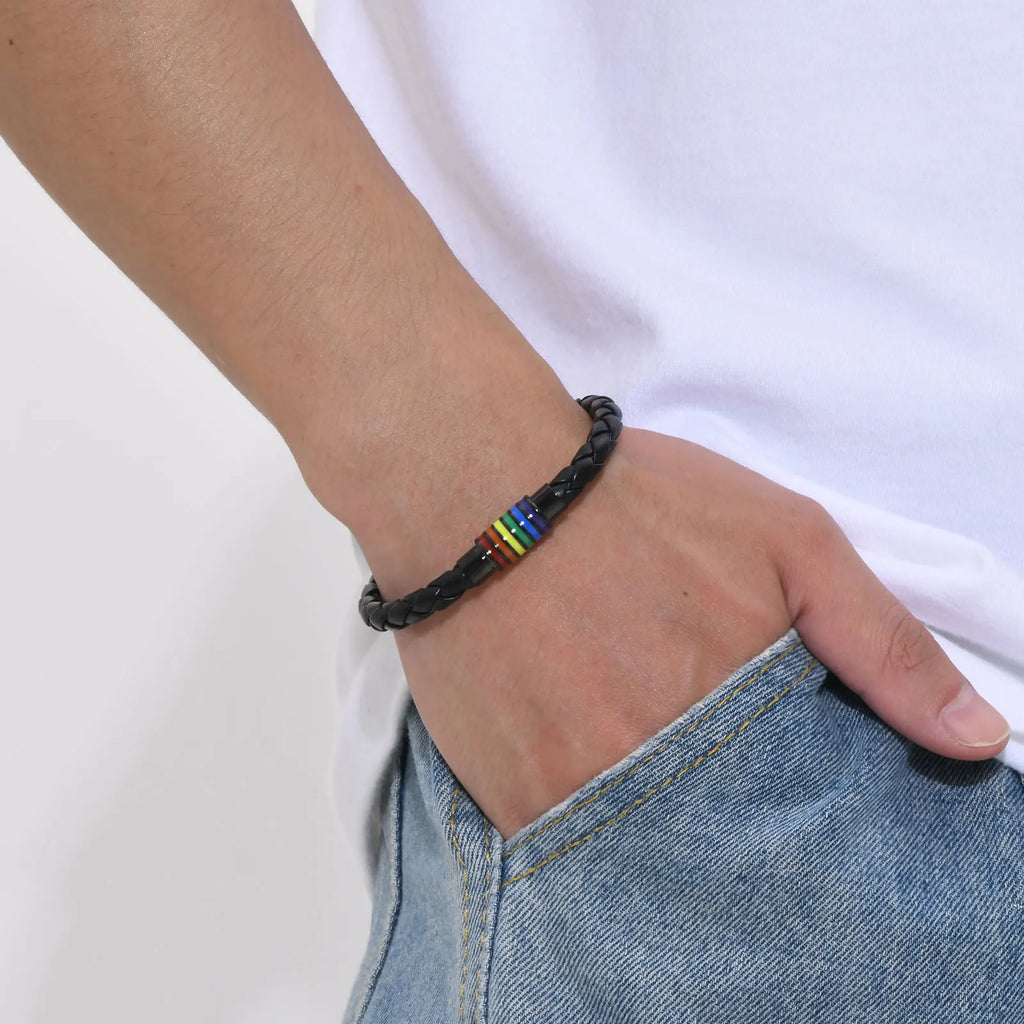 Mprainbow Magnetic Buckle Leather Bracelets for Men Boys,Rainbow LGBTQ Pride Bracelets,Handmade Jewelry Gift