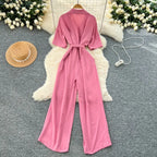 Fashionable casual lapel collar short sleeved cinched waist jumpsuit women's summer new solid color wide leg long pants