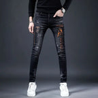 2025 Summer Ripped Jeans Men's Slim-fitting Small Feet Elastic Trousers Trendy Brand Fashion Scratched Patch Cargo Beggar Pants