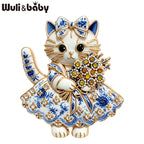 PENDRA Porcelain Cats Blue-and-White Rhinestone Brooch