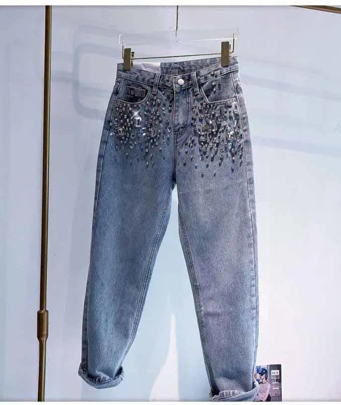 European Fashion New Heavy Industry Full Diamond Rhinestone Flash Denim Pants Women's Jeans Blue 2024 Spring Summer