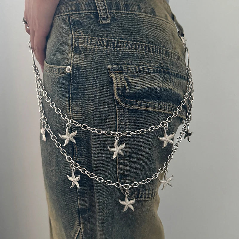 Star Double Layer Waist Chain Mens Decorative Pant Chain Jeans Trouser Chains Hip Hop Rock Chain Punk Retro Belt Chain