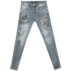 Fashionable Stylish Youth Luxury Work Jeans for Men Slim Fitting with Unique Lion Prints Classic with Rhinestone Denim Trousers